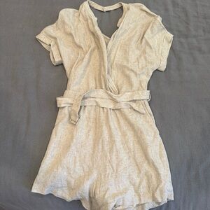 Beige Short Sleeve Romper with Belt